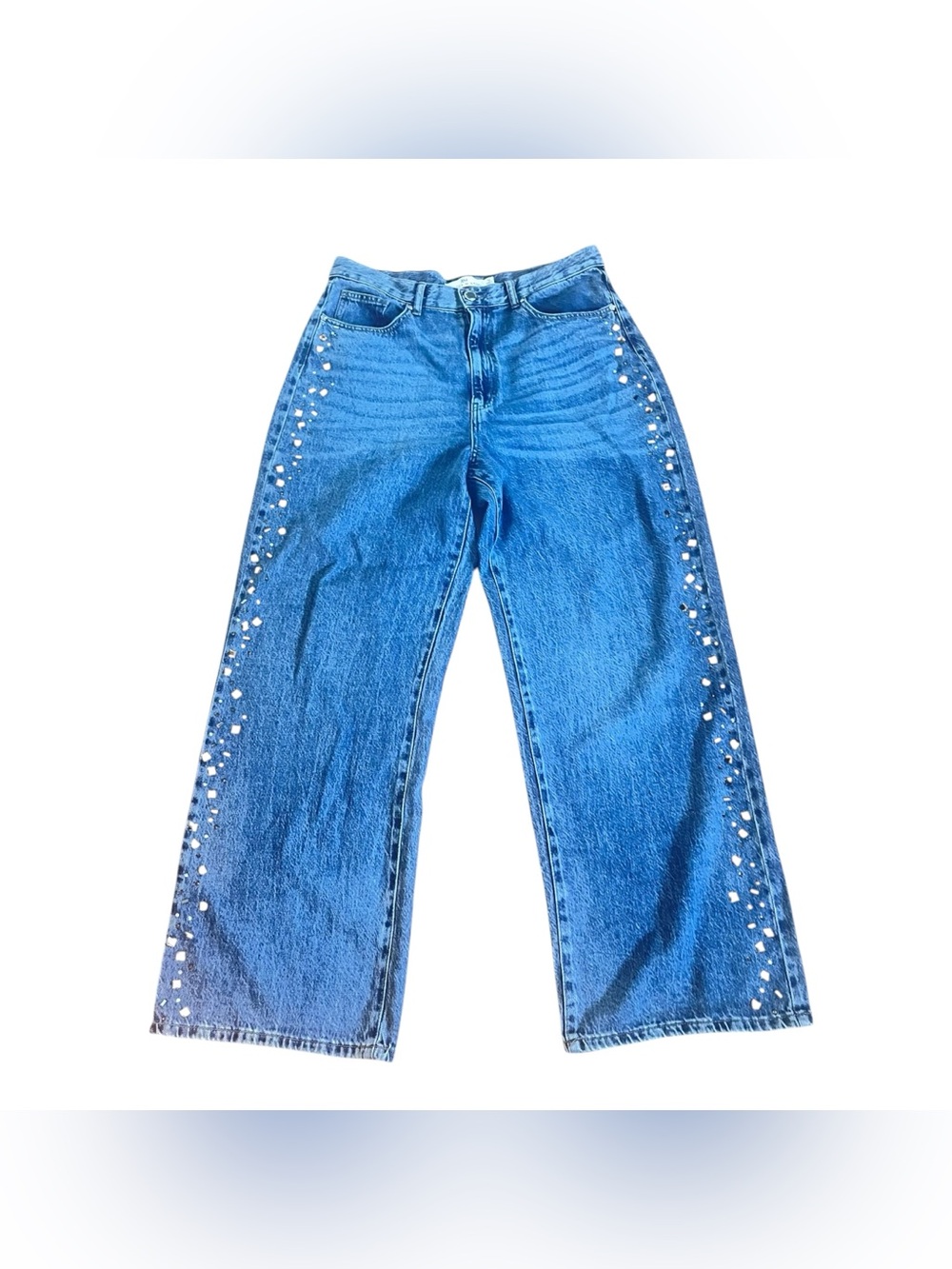 Rebecca Minkoff Medium Blue Wide-Leg Jeans with Side Stud Embellishment
